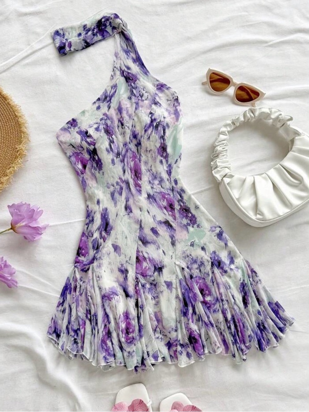 One-Shoulder Purple Floral Mini Dress Romper